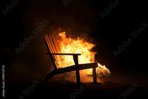 a chair is on fire in the dark