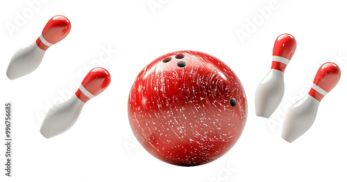 Abstract Bowling Composition with Red Ball and Pins