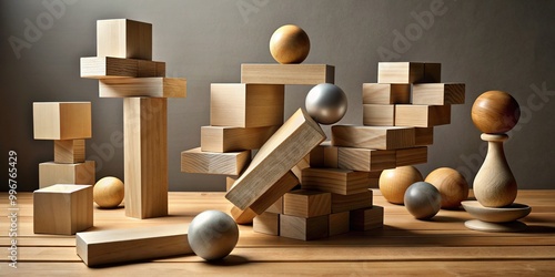 Unstable piles of wooden blocks, spheres, and rectangles teeter on the edge of collapse, symbolizing disarray, discord, and precarious balance.