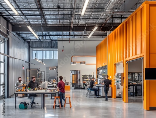 Diverse group of innovators collaborating in a bright dynamic renewable energy powered maker space creating sustainable products with metallic accents cinematic lighting