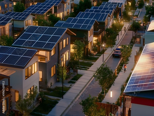 Diverse group of residents collaborating in a community driven renewable energy cooperative featuring sleek and minimalist solar panel arrays vibrant colors and cinematic lighting