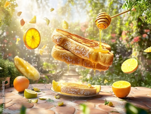 Fantastical colossal levitating French toast with floating citrus wedges and mystical honey stirrer set in a 19th century romantic sun dappled garden patio a digital painting with vibrant colors