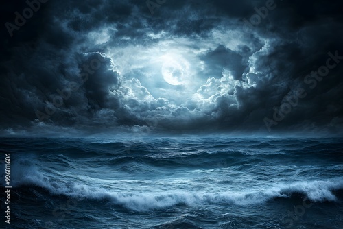 storm above the ocean in the night with a lot of waves