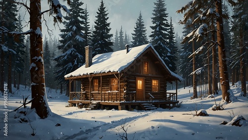 Artful illustration of a wooden cabin in a snowy forest, oil painting style.