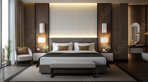 Spacious modern bedroom, luxurious bedding, soft lighting, 3D illustration