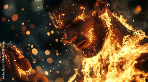 Beautiful image of a man whose face and arm are burning in sparks of fire