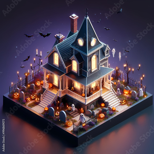 Casa en proyección isométrica decorada para noche de brujas Halloween, con fantasmas y tumbas.