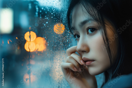 Pensive woman, melancholic expression, looking out rainy window with lights in background, contemplative mood concept