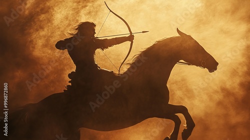 A shadowy figure of an ancient soldier on horseback, aiming his bow and arrow. You can see the outline of the archer and his galloping horse.