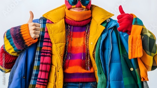 Person wearing multiple colorful layers of winter clothing, giving thumbs-up, bright outfit 