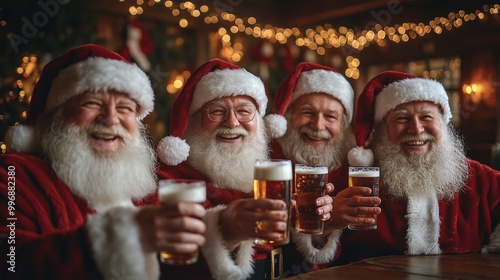 A cheerful group of four Santa Clauses, dressed in traditional red suits and white beards, raise their glasses of beer in a festive celebration. 