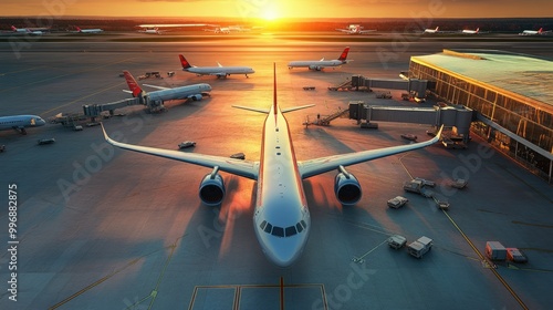 A view of multiple airplanes at an airport gate with a clean, spacious background for text.