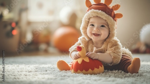 Smiling baby dressed as a turkey celebrating Thanksgiving while playing in a cozy, festive indoor setting