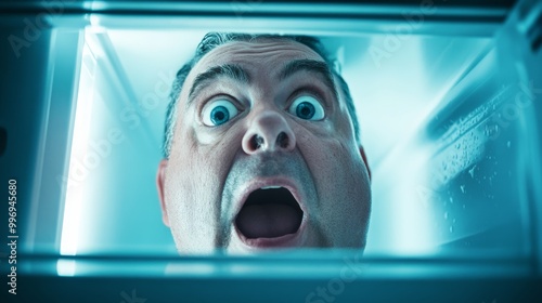 An astonished, overweight man stares wide-eyed into an empty refrigerator from a close vantage point, revealing his surprise and disappointment