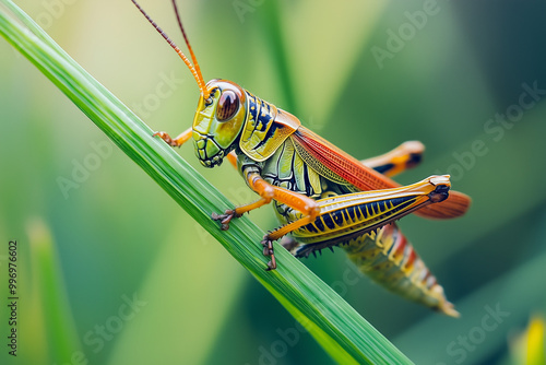 Close-up of a Grasshopper Perched on a Blade of Grass, a Miniature Marvel of Nature