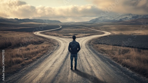 Man at crossroads deciding path on uncertain day making life choices. Concept Decision Making, Crossroads, Life Choices, Uncertainty, Path Ahead