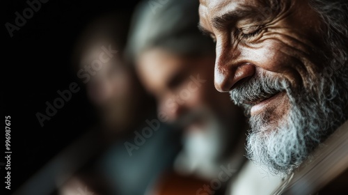 The image shows a bearded man with blurred faces in the background, possibly indicating focus on the bearded man while representing ambiguity and anonymity.