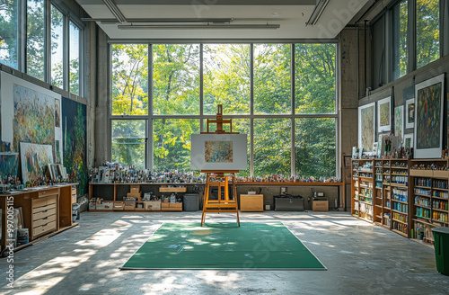 A spacious art studio filled with natural light, featuring an artist's easel and vibrant paintings surrounded by trees