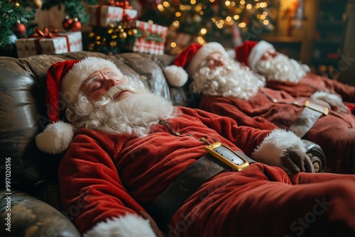 Two Santa Clauses dressed in traditional red suits, resting peacefully on armchairs after a busy night of Christmas festivities.