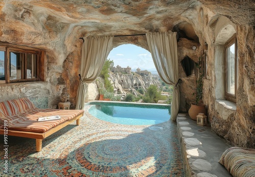 Underground ancient house interior with pool offering scenic views and luxurious relaxation