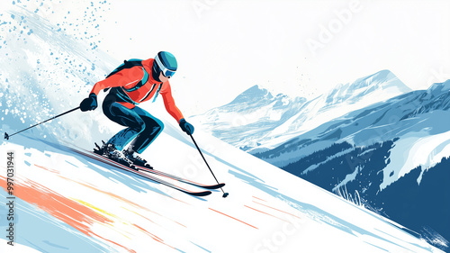 copy space, vector illustration, hand drawn , Advanced skier slides near mountain downhill. Sports descent on skis in mountains hills. Winter activity. Skiing in winter Alps. Experienced skier. Advert