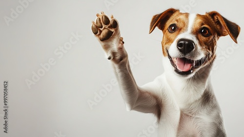 A cheerful dog lifts its paw for a high-five gesture against a white background, leaving ample space for text.