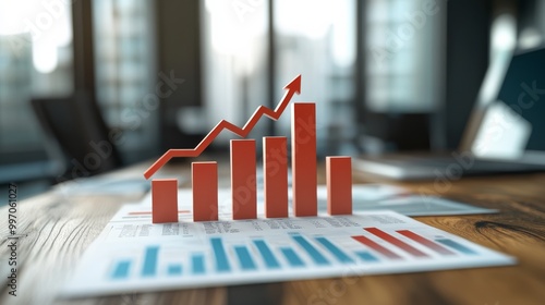 In a contemporary office, bold stacked bar graphs and red downward arrows illustrate a financial infographic, highlighting market trends and performance data