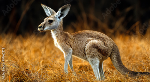 A kangaroo is standing in a field of tall grass. The kangaroo is looking to the right