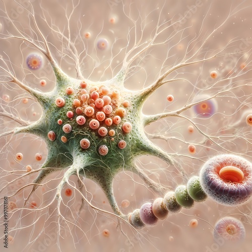 Detailed 3D illustration of Parkinson's disease with Lewy body accumulation