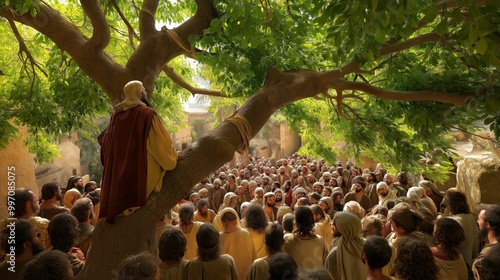 A vibrant scene of Zacchaeus perched in the branches of a sycamore-fig tree, watching Jesus