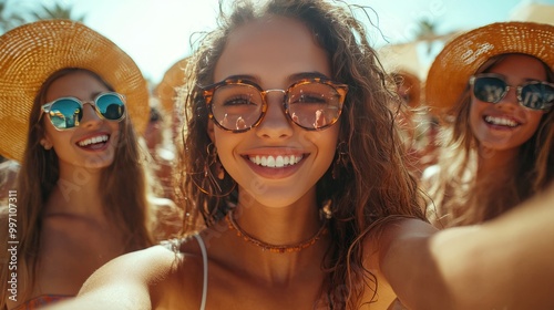 A group of smiling young women take a selfie while wearing hats and sunglasses during a summer festival.