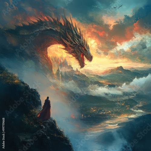 A lone figure gazes upon a fearsome dragon silhouetted against a fiery sunset.