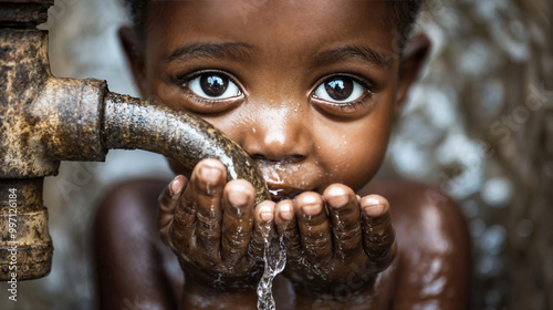 African kid drinking water from faucet in africa, sad thirsty child in poverty drinks from rusty tap with his hands, scarcity and basic needs concept