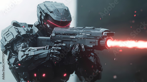 render of a futuristic mech warrior in advanced battle suit with plasma gun. Mecha Battle. Illustration