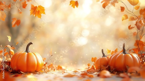 Charming autumn scene with pumpkins and vibrant orange leaves, capturing the beauty of fall in a warm, glowing atmosphere.