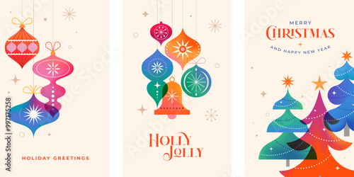 Merry Christmas and Happy New Year. Vertical cards, banners design. Concept Christmas background with colorful geometrical style winter village. Homes, trees, decorations elements. Vector Illustration