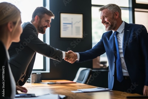 Mentor and mentee shaking hands after reaching a career goal together.