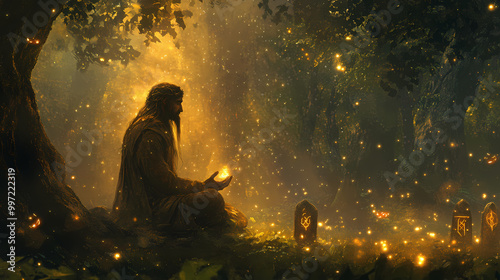 Whispers of the enchanted grove: serene druid meditating among glowing fireflies and ancient runes in mystical forest. Druid Grove. Illustration