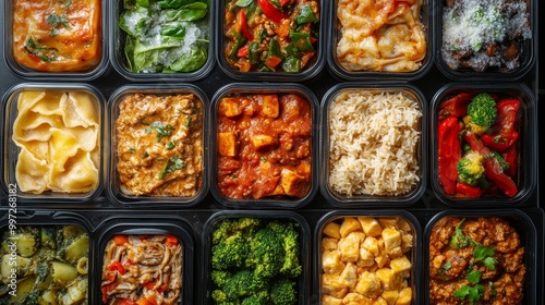 Frozen ready meals with a variety of frost-covered dishes like lasagna, curry, and stir-fries, viewed from above in an organized layout