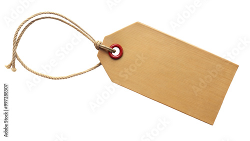 Blank brown tag on a string, isolated on a transparent or white background for labels or price tags.