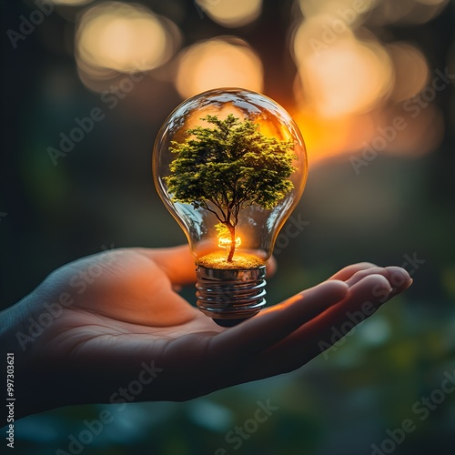 A close-up of a person's hand grasping a glowing bulb with a miniature tree sprouting inside, symbolizing growth, innovation, and nature