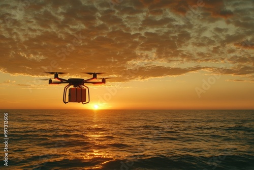 Drone flying above a calm ocean at sunset carrying a package symbolizing maritime delivery solutions and autonomous transport across water based landscapes