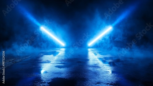 Bright blue searchlights pierce through thick, misty smoke, creating an atmospheric glow on a damp surface in an urban environment at night