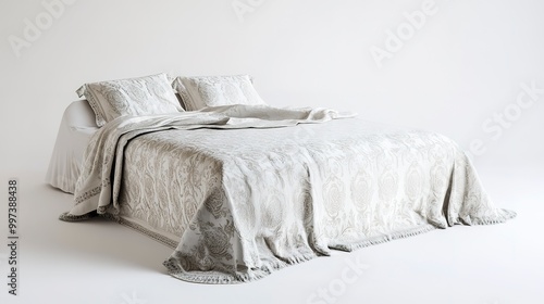 A lifelike 3D render of a luxurious bedspread with elegant patterns, isolated on a pristine white background 