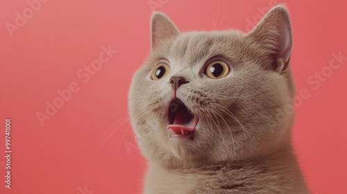 Surprised Lilac British Cat, a lilac British cat gazing upward with a startled expression, set against a vibrant coral background, capturing a moment of feline astonishment.