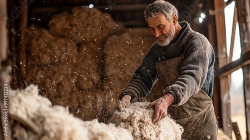 A farmer shearing wool from a sheep, with a barn filled with hay in the background