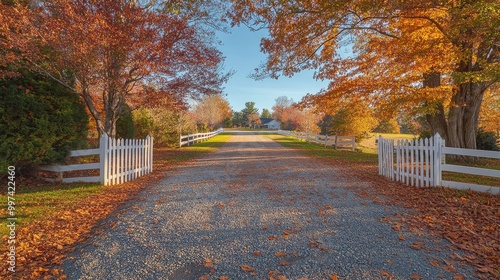 A serene gravel driveway is bordered by colorful autumn foliage, with scattered golden leaves on the ground creating a picturesque fall landscape