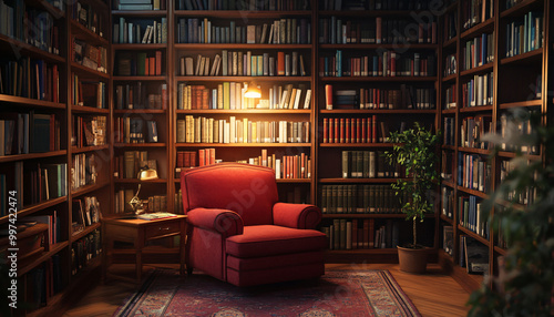 A cozy library scene with shelves of vintage books, a comfy chair, and soft lighting, perfect for literary enthusiasts