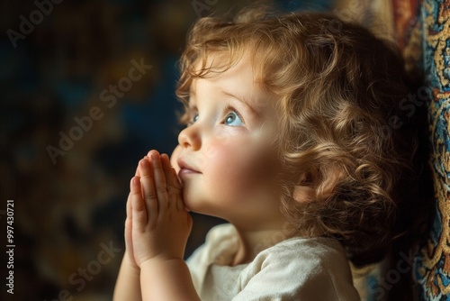 A hopeful child prays with closed eyes in a peaceful moment of connection to God