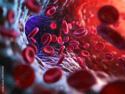 Detailed visualization of blood cells flowing through a human blood vessel, showcasing the complexity of the circulatory system.